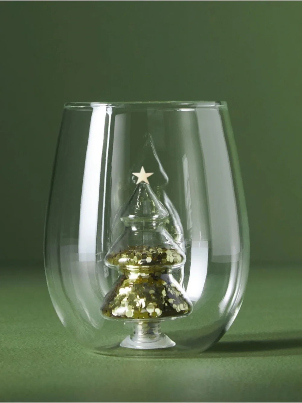 Anthropologie Yuletide stemless wine Glass with Gold Glitter Tree Accent